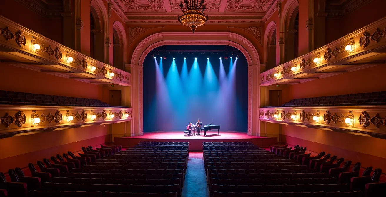 Vue depuis le premier balcon d'une salle de concert avec musiciens sur scène