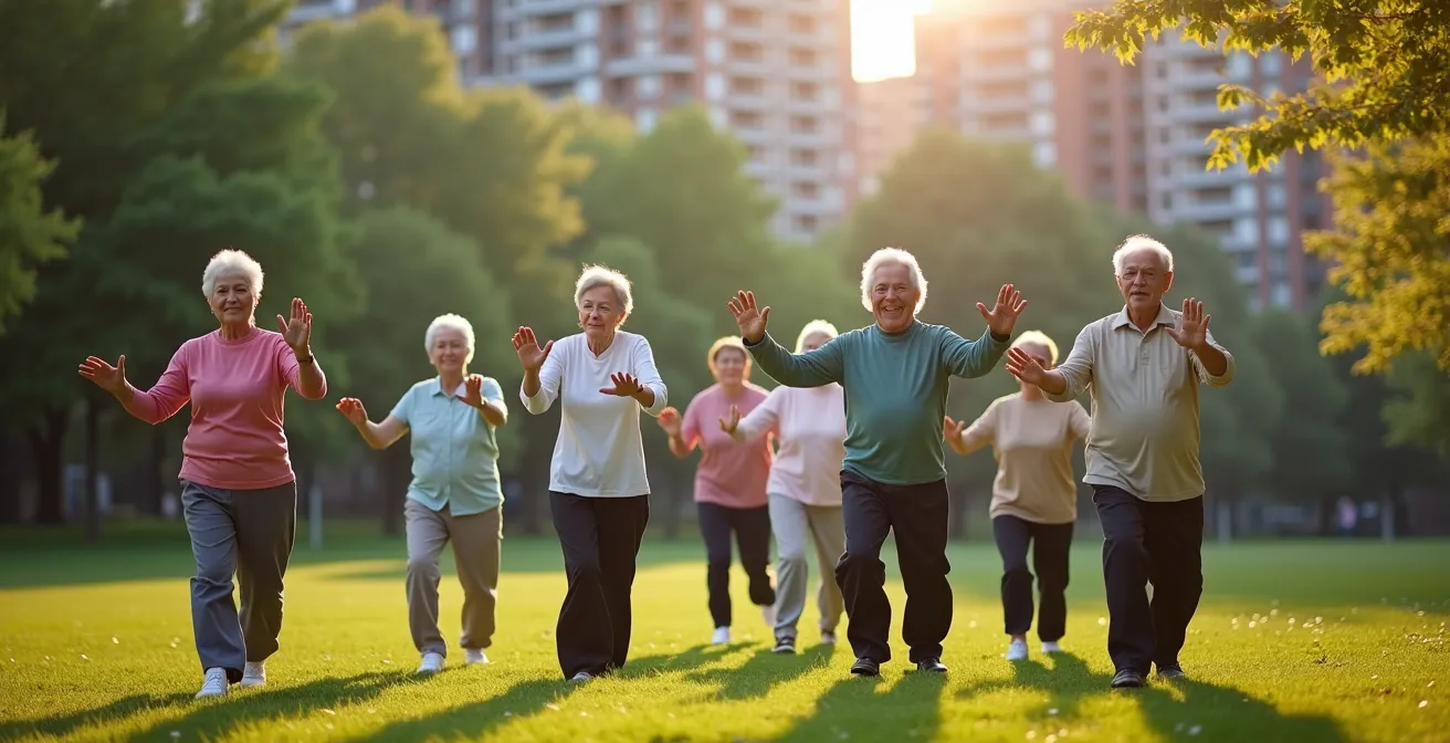 Groupe de retraités pratiquant le tai-chi dans un parc verdoyant de Montréal en matinée ensoleillée
