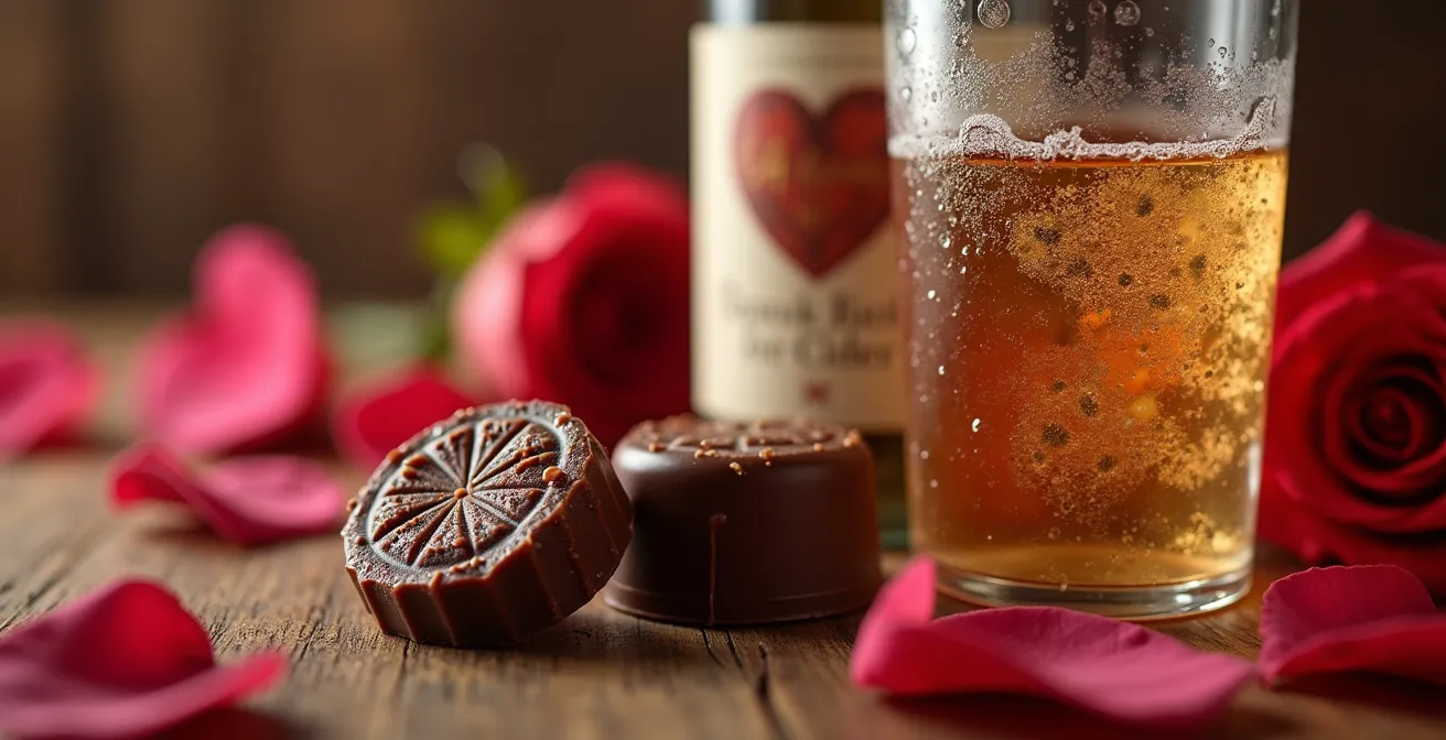 Nature morte élégante avec chocolats artisanaux québécois et bouteille de cidre de glace
