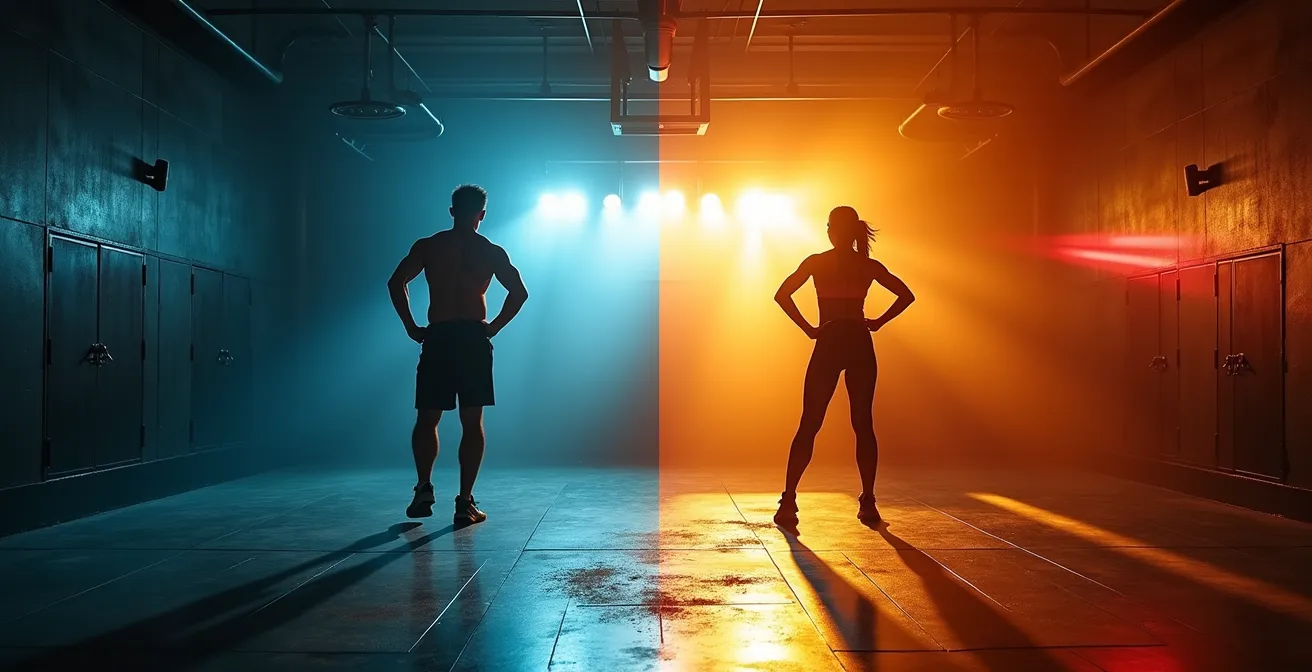 Deux atmosphères contrastées de studios de fitness côte à côte : à gauche, une ambiance intense de CrossFit; à droite, une ambiance colorée et joyeuse de Zumba.