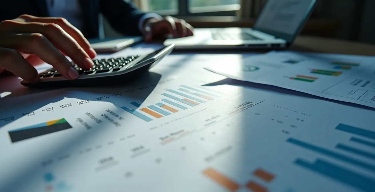 Bureau avec documents financiers étalés et calculatrice montrant l'analyse de crédit