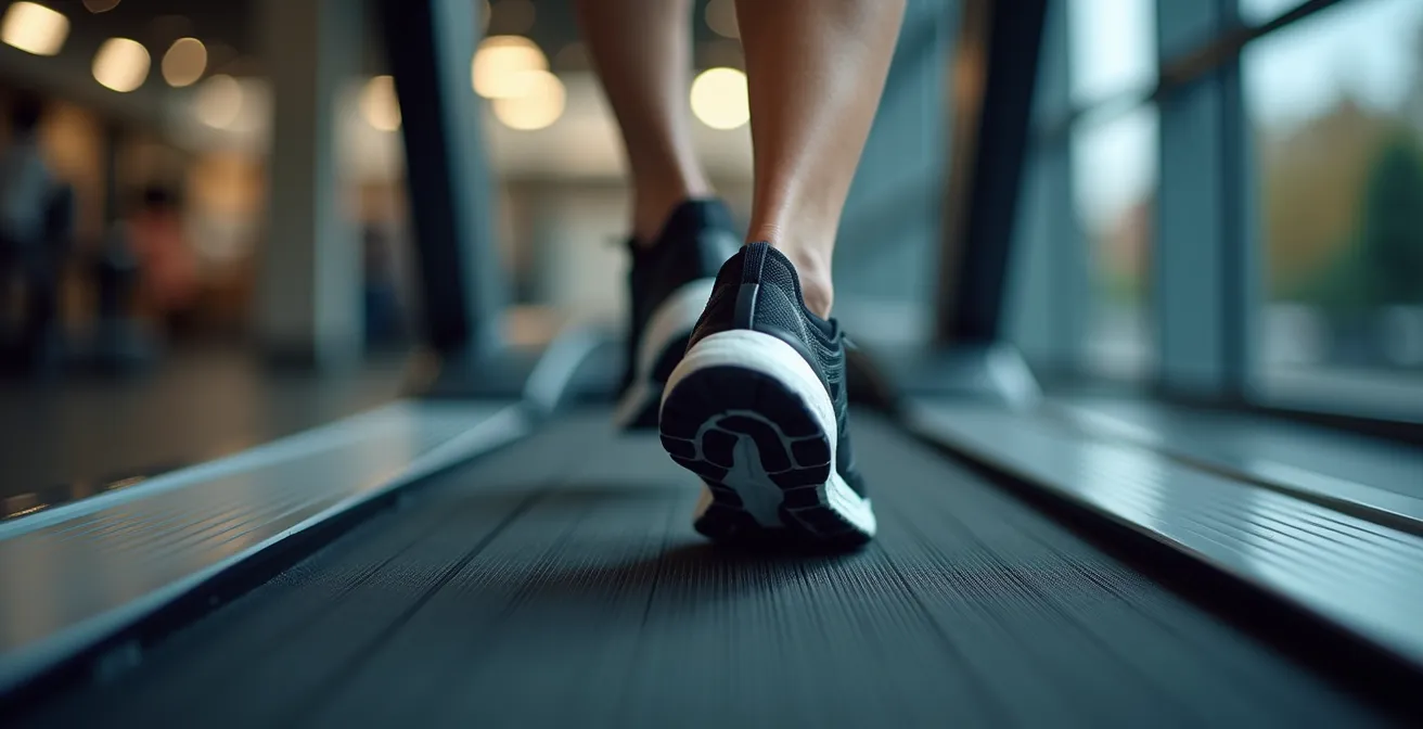 Vue rapprochée d'un pied en mouvement sur un tapis de course lors d'une analyse de foulée en boutique