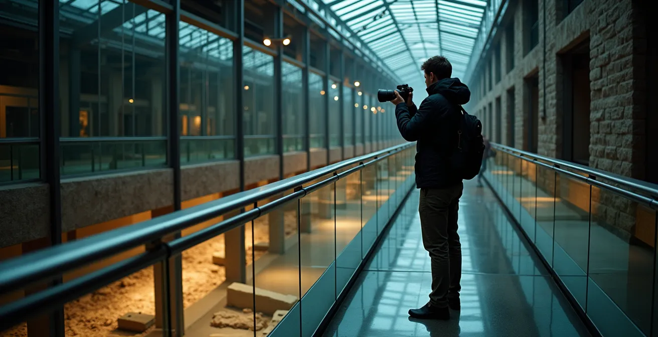 Vue intérieure des passerelles de verre du musée Pointe-à-Callière surplombant les vestiges archéologiques