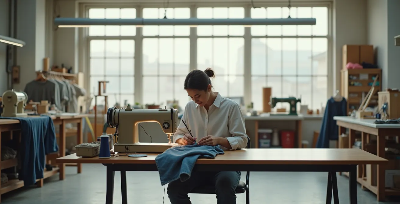Atelier de couture lumineux avec personne pratiquant la broderie sashiko sur un jean