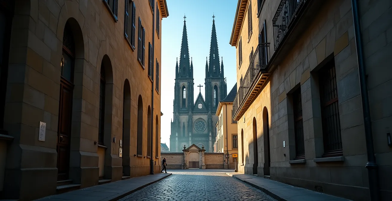 Tours de la Basilique Notre-Dame photographiées depuis une ruelle calme du Vieux-Montréal
