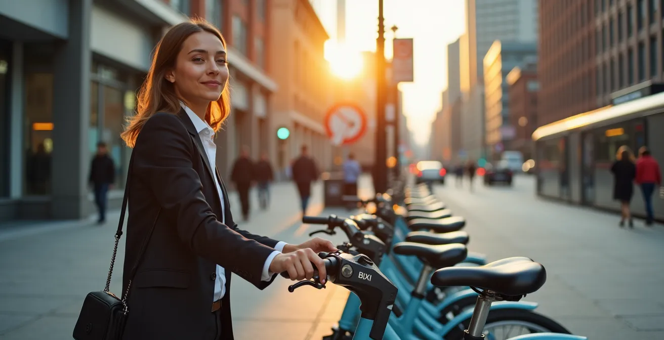 Station BIXI devant une sortie de métro à Montréal avec des vélos disponibles