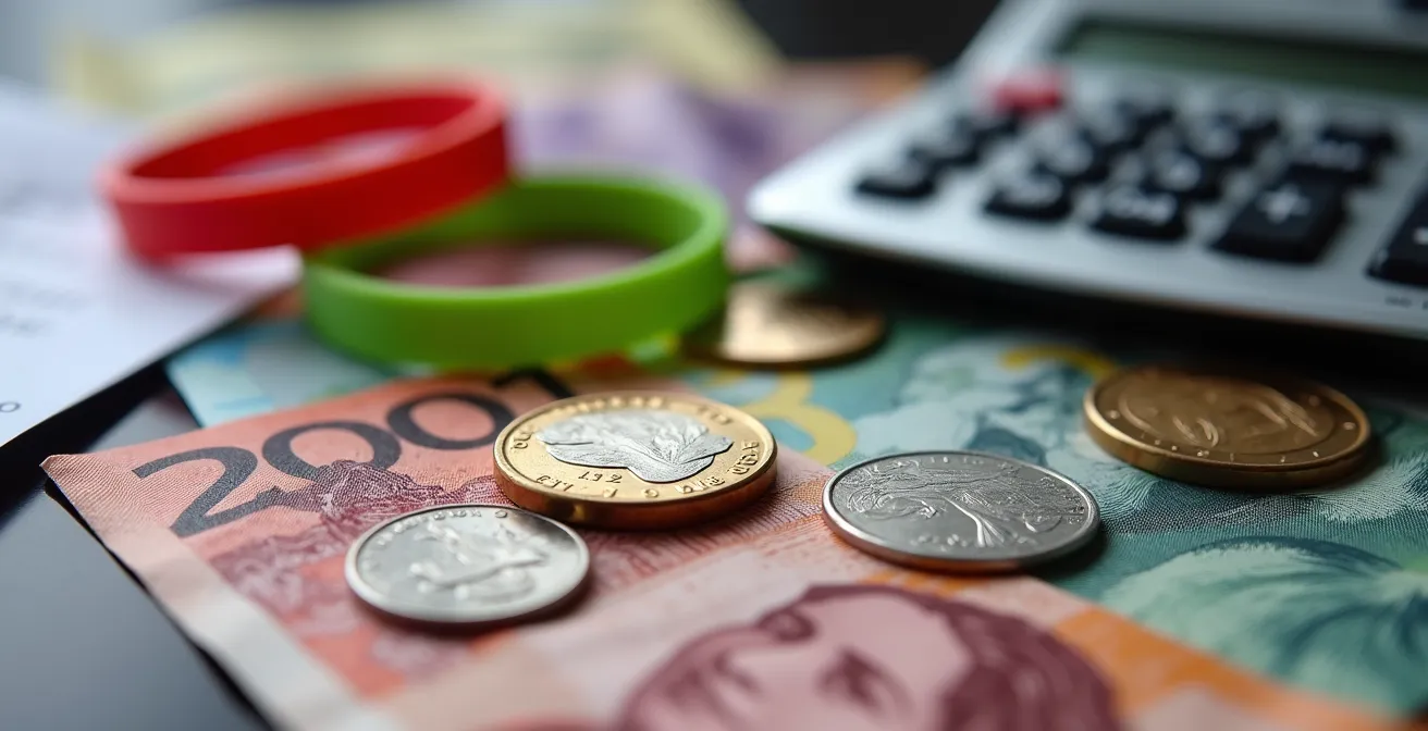 Composition macro de monnaie canadienne, bracelets de festival et reçus disposés artistiquement