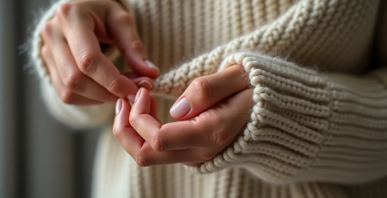 Gros plan sur les mains d'une femme examinant la qualité d'un tricot en mérinos
