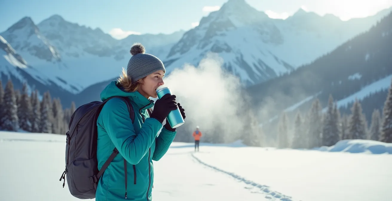 Athlète mesurant son hydratation avec bouteille d'eau dans un environnement hivernal canadien