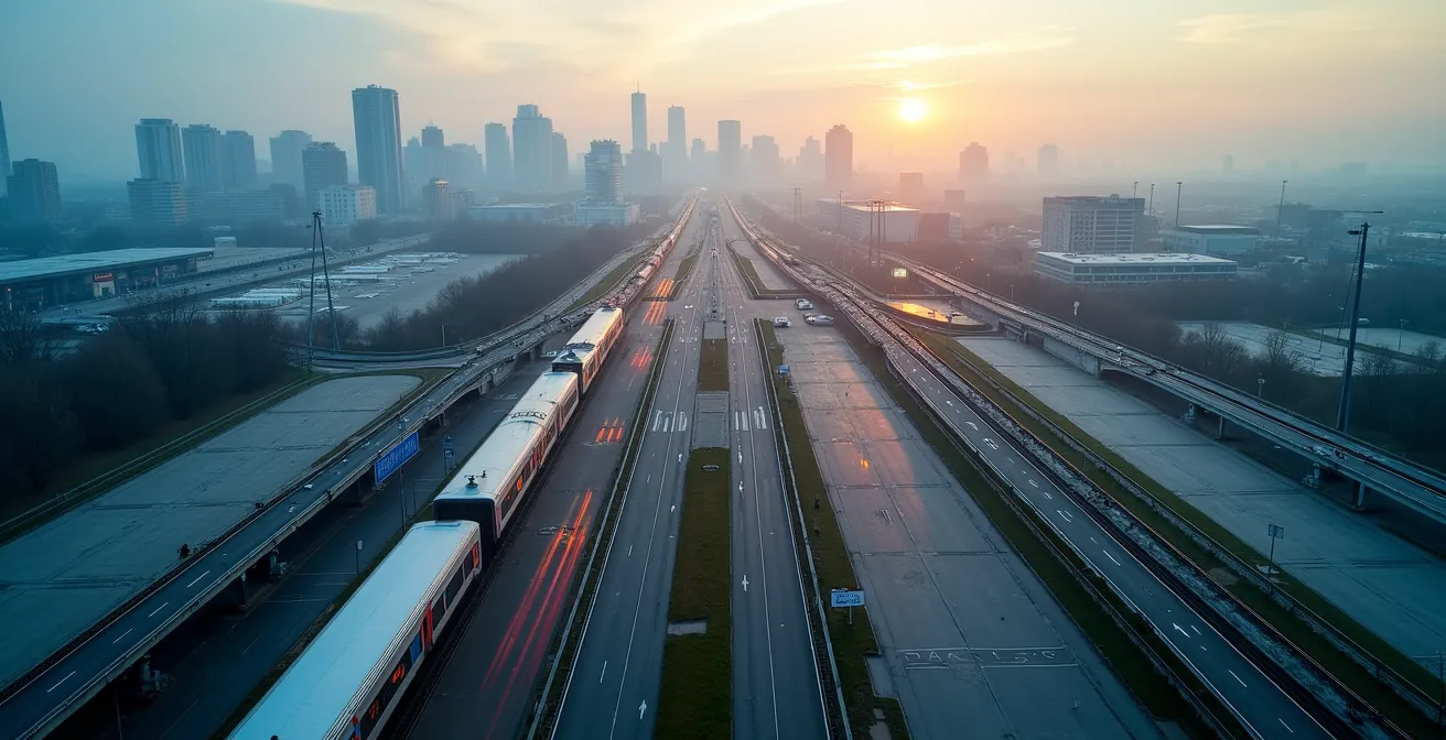 Vue aérienne stylisée des stationnements incitatifs de la STM aux extrémités des lignes de métro avec icônes visuels