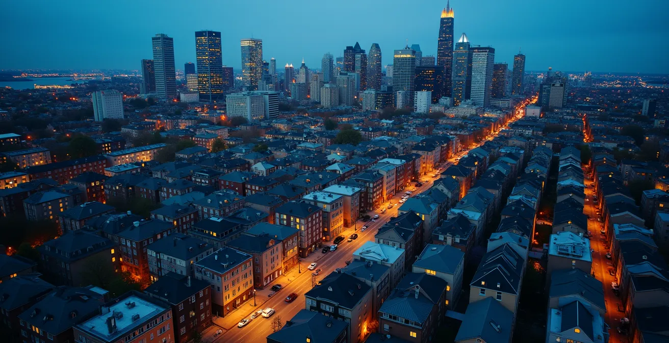 Vue aérienne de Montréal montrant les zones de restriction Airbnb avec contrastes visuels entre quartiers