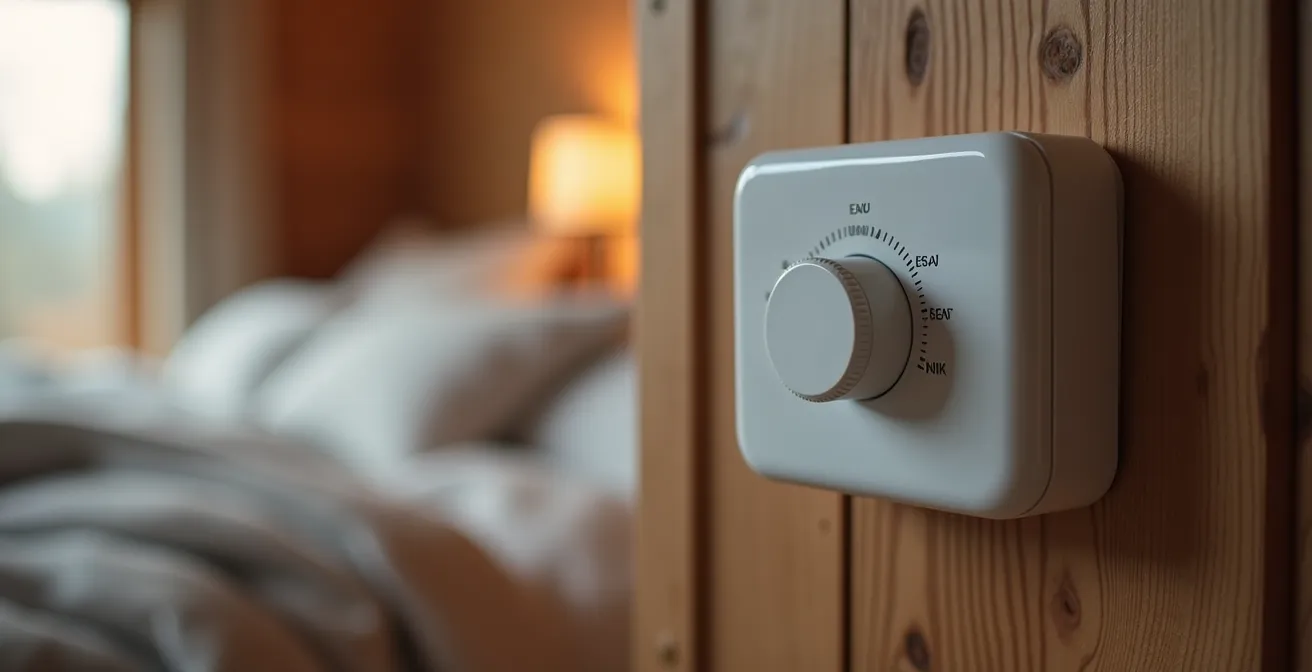 Thermostat mural affichant une température ambiante avec literie en laine naturelle