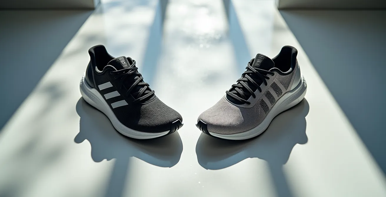 Comparaison visuelle entre une chaussure de course avec plaque de carbone et un modèle classique, montrant les différences de construction