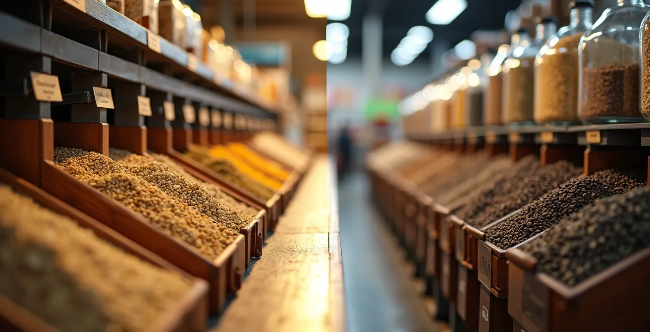 Comparaison visuelle de produits en vrac dans différents types de magasins montréalais