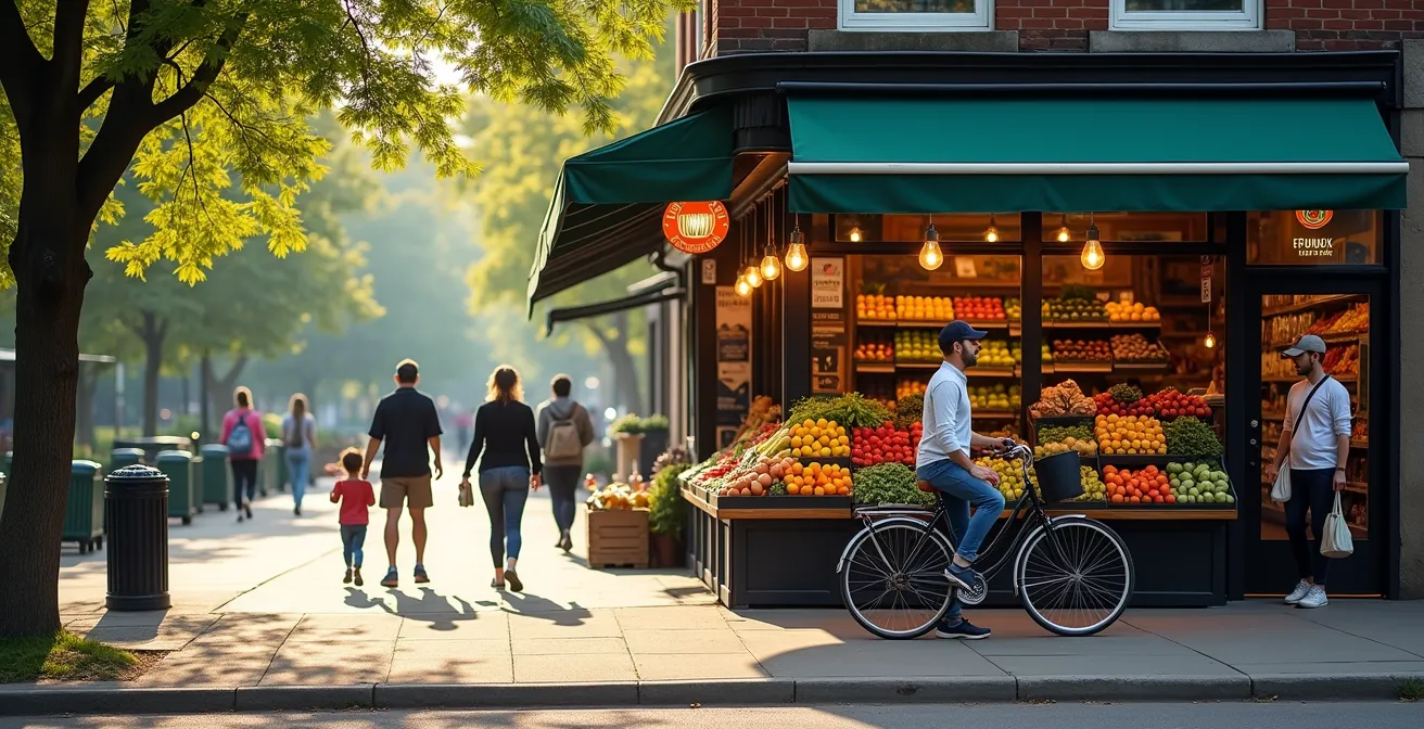 Composition en diptyque montrant le parc La Fontaine et une épicerie fine du Mile End