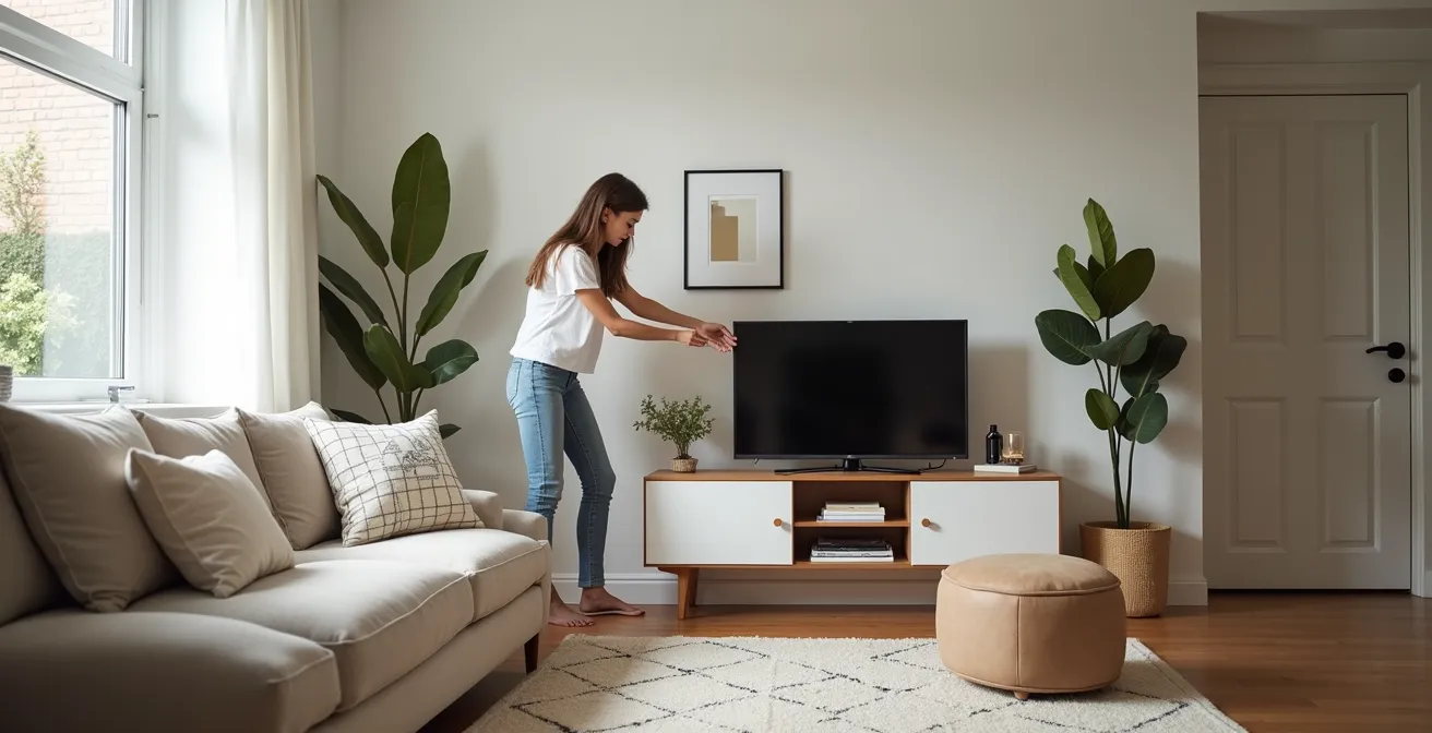 Salon épuré d'un condo de 500 pi² avec mobilier multifonctionnel et zones distinctes