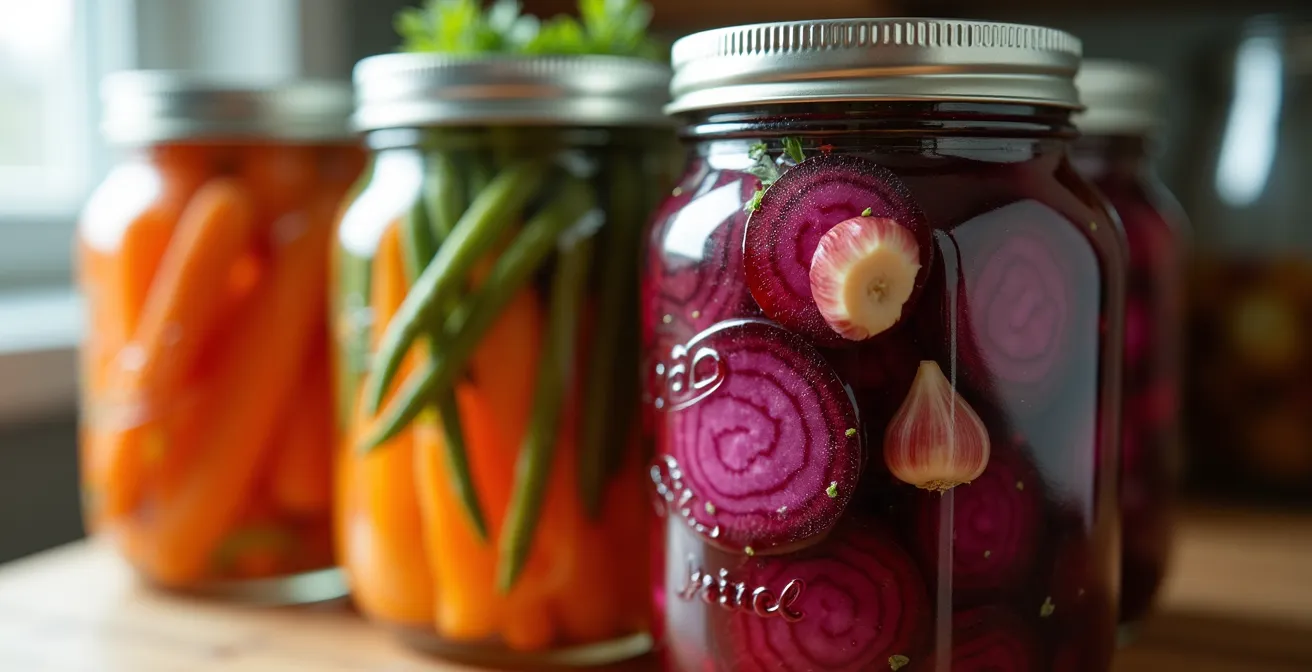 Bocaux de légumes lacto-fermentés colorés alignés sur une étagère de cuisine québécoise