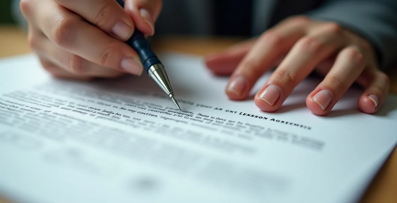 Gros plan sur des mains signant un bail de location sur un bureau en bois avec documents officiels