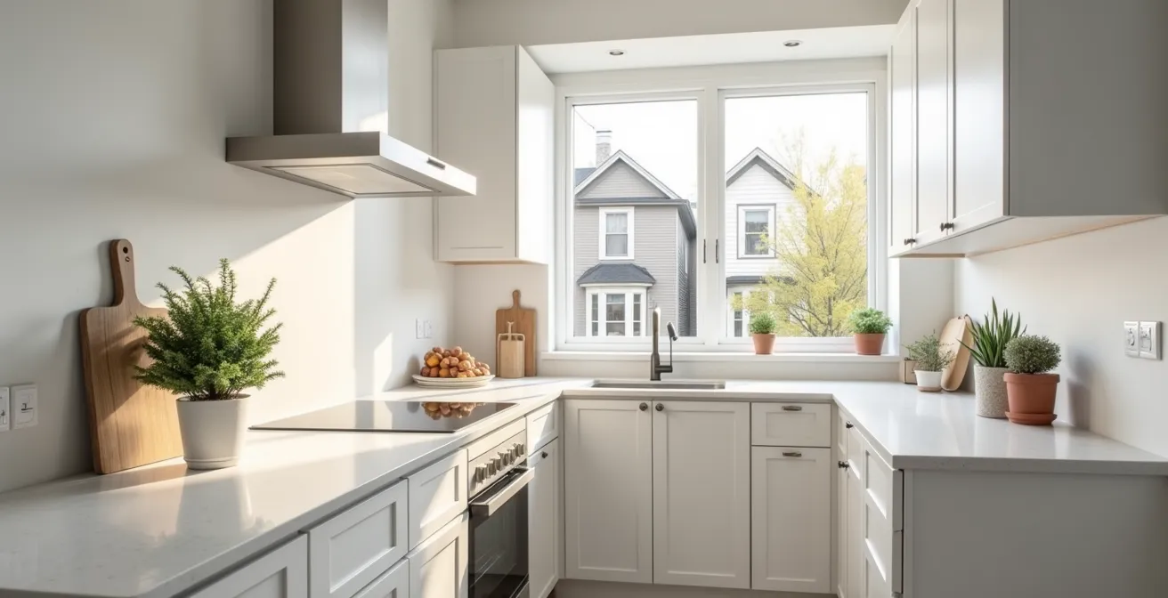 Cuisine rénovée d'un logement locatif avec comptoirs en quartz et armoires blanches modernes