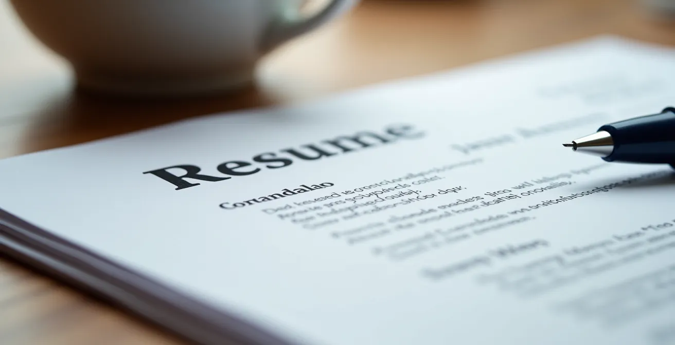 Exemple de CV québécois professionnel sur un bureau avec café et stylo