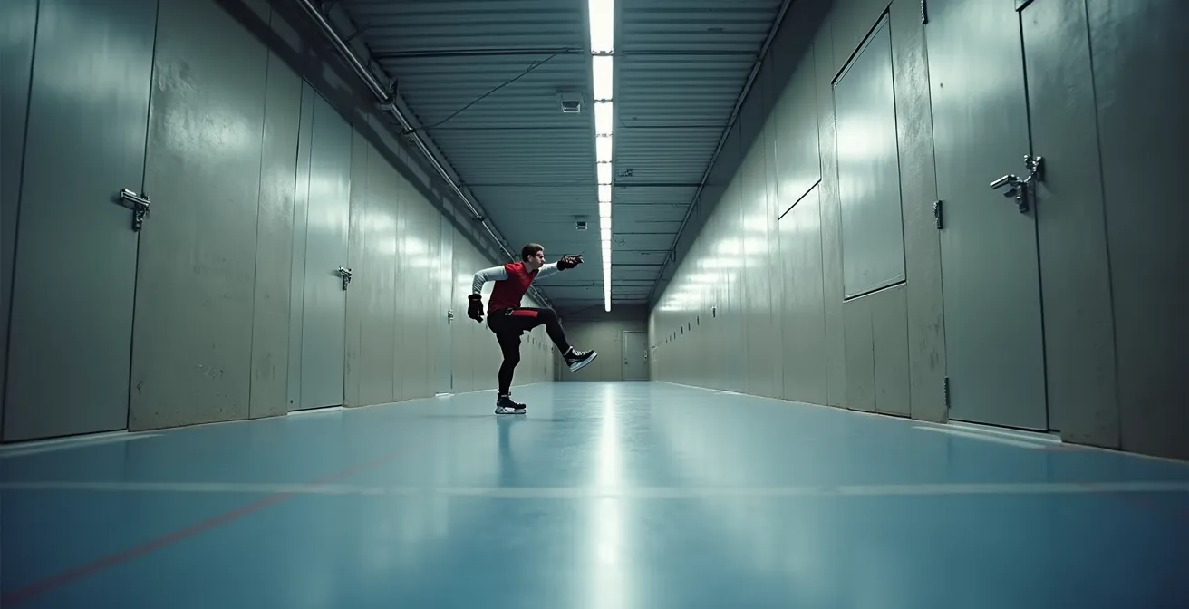 Joueur effectuant des montées de genoux dans un corridor d'aréna québécois