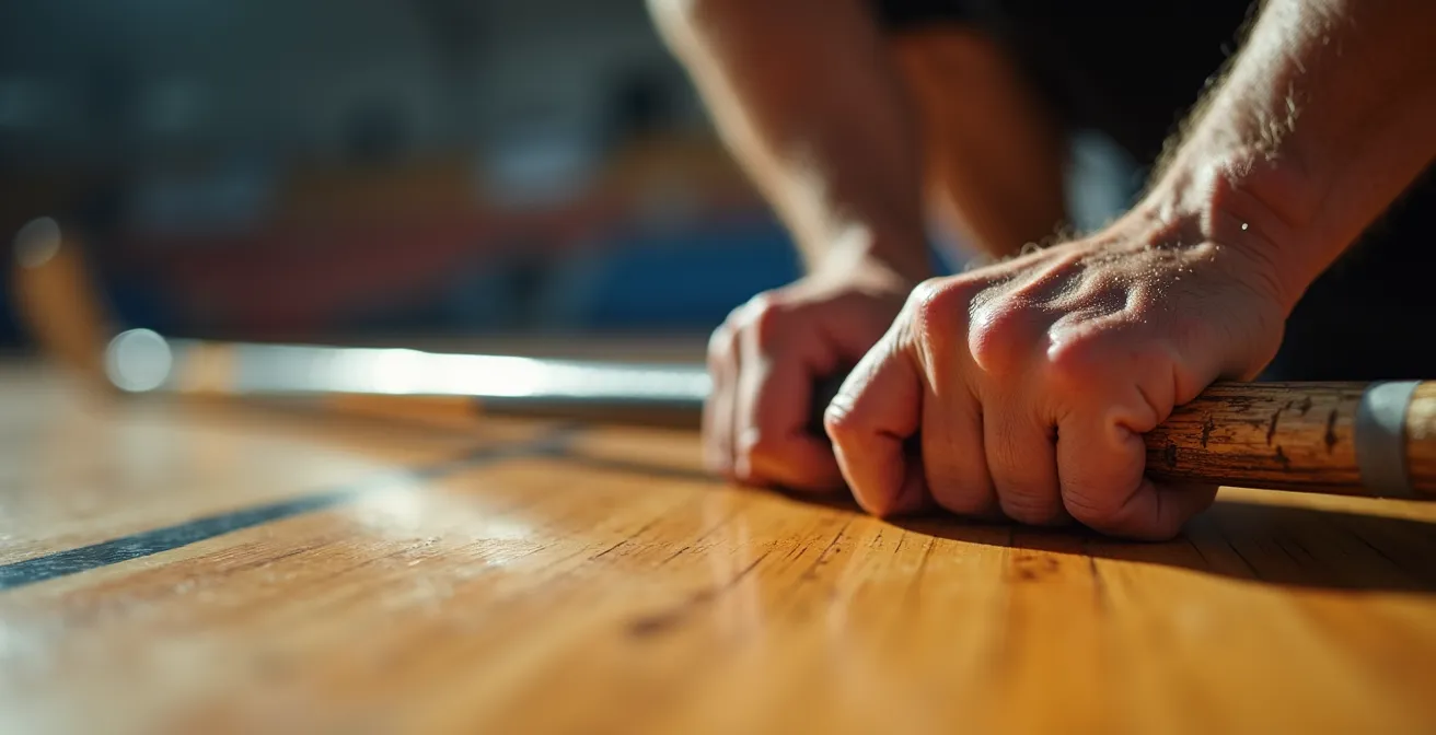 Joueur de hockey cosom mature effectuant des étirements dynamiques avant un match.