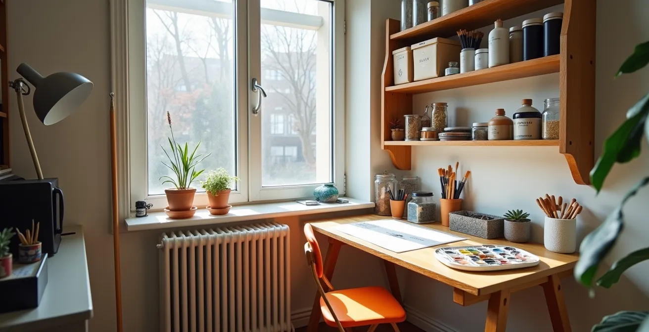 Coin création minimaliste dans un appartement montréalais avec matériel de peinture rangé