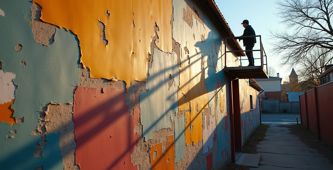 Vue en perspective d'un mur montrant différentes couches de peinture et l'histoire des murales successives