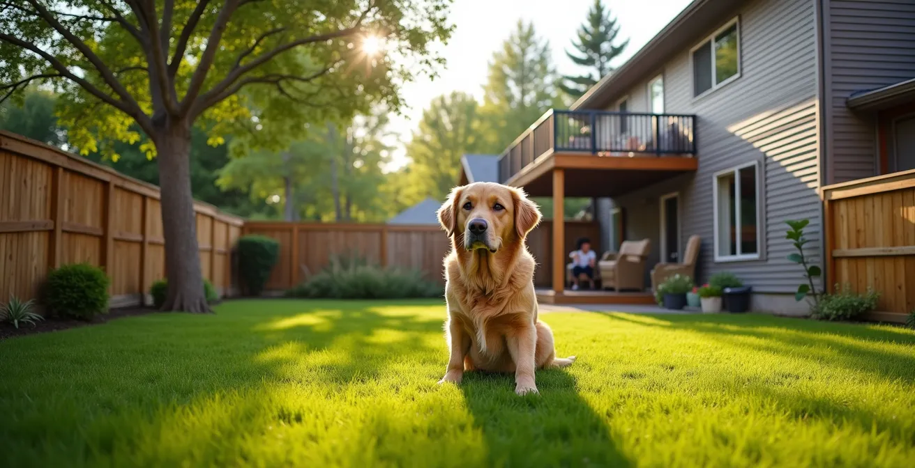 Vue large d'une famille avec golden retriever jouant dans un jardin clôturé de banlieue