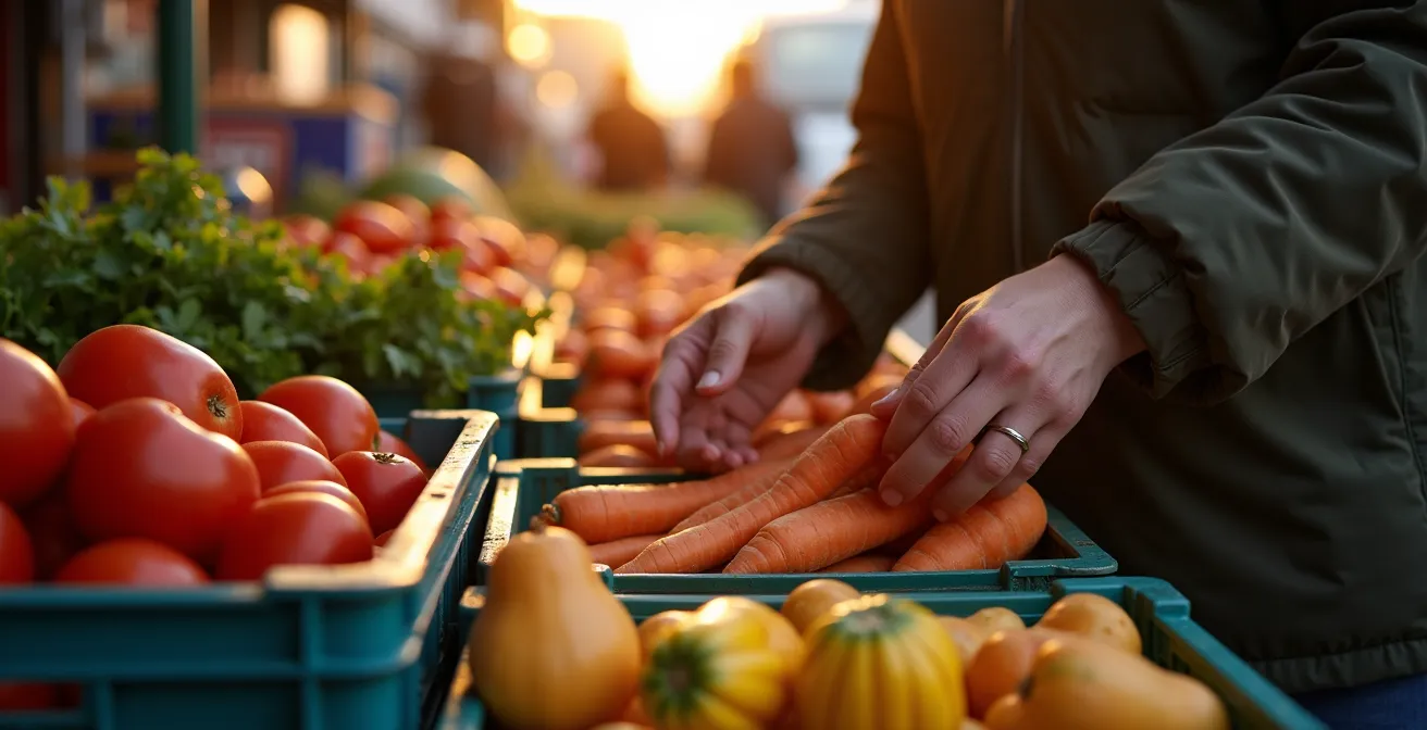 Caisses de légumes imparfaits à prix réduits en fin de journée au marché
