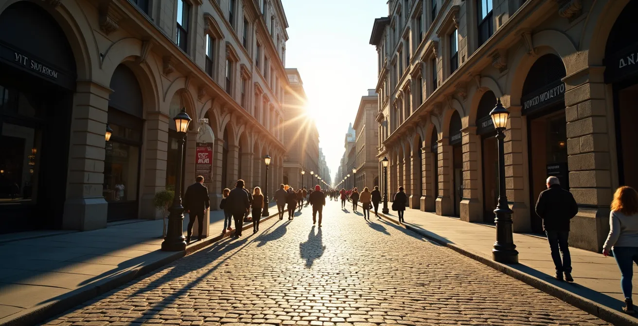 Rues pavées du Vieux-Montréal avec visiteurs flânant entre les bâtiments historiques