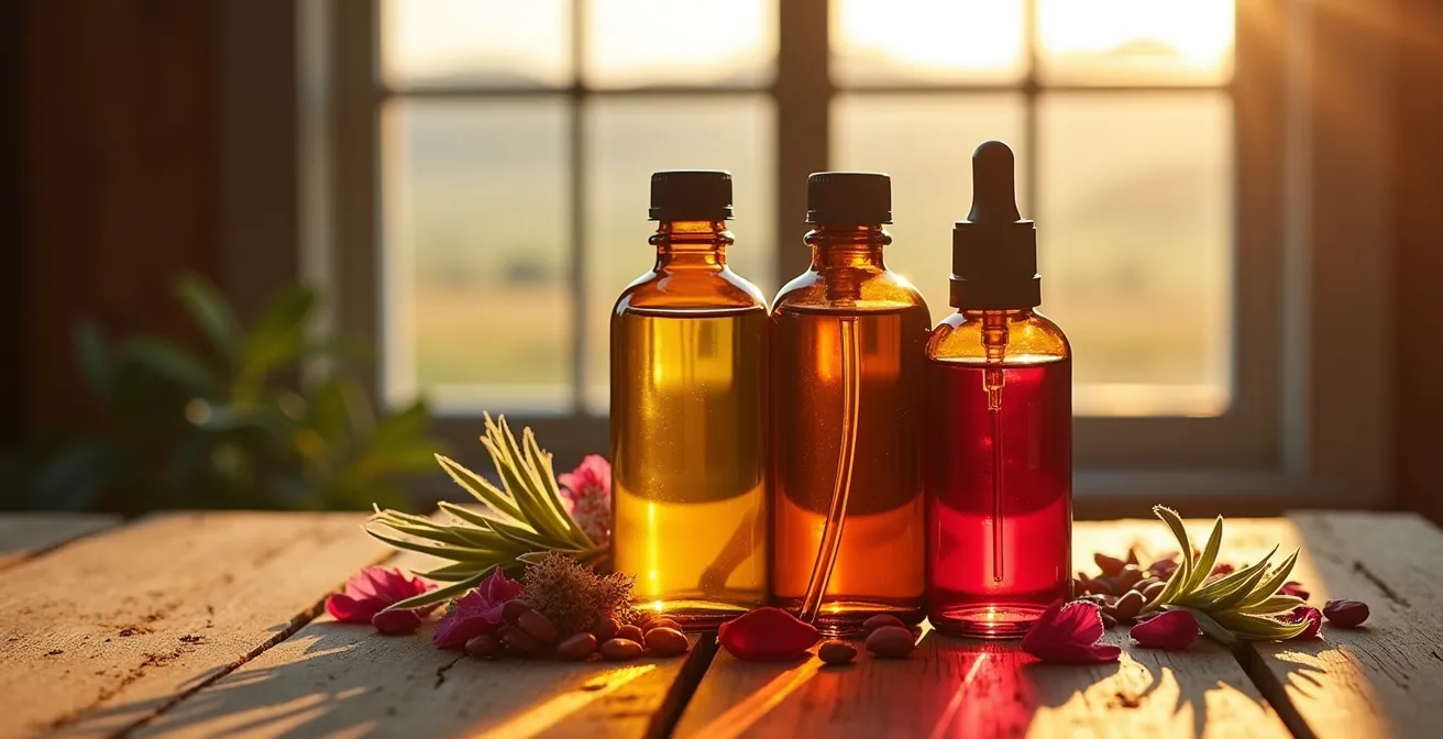 Collection d'huiles végétales canadiennes incluant chanvre, canneberge et tournesol en flacons ambrés