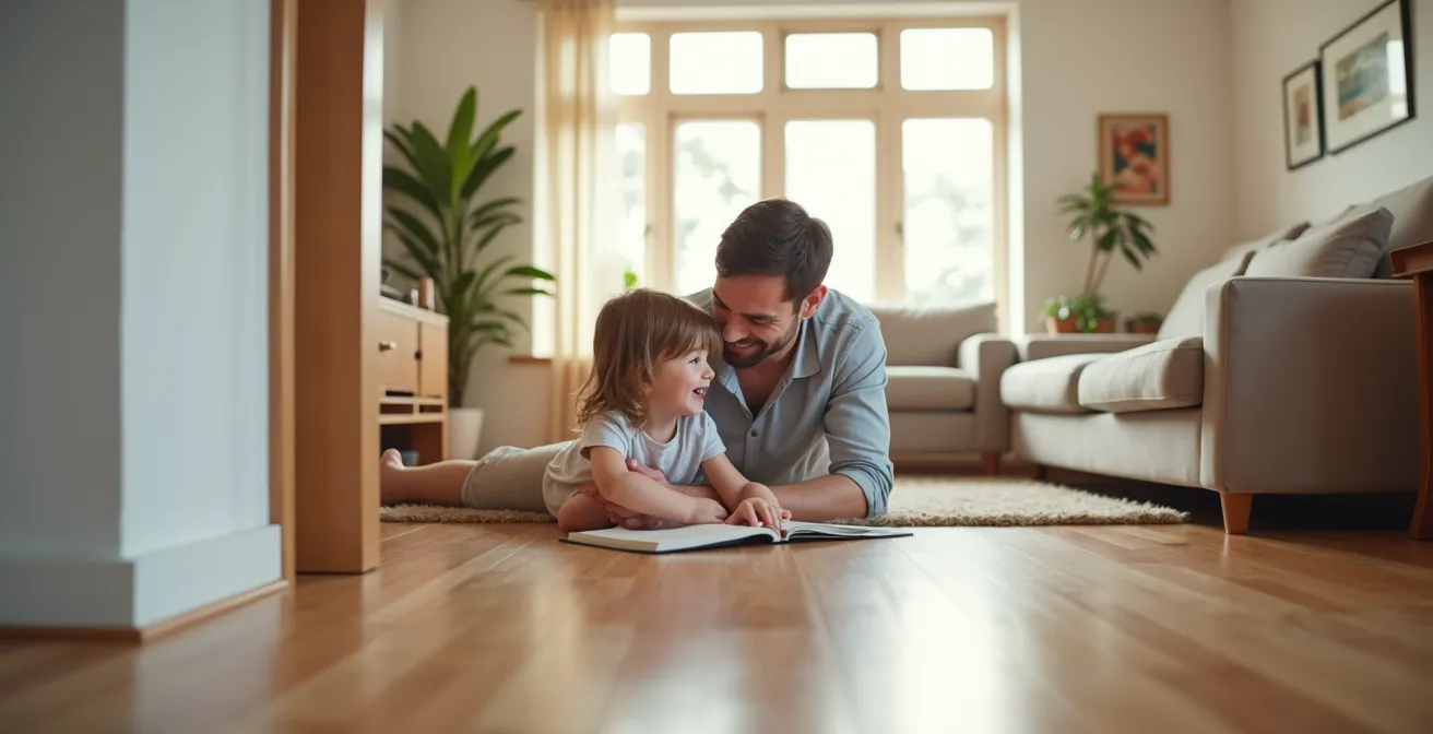 Intérieur de maison avec murs peints et planchers de bois franc sans COV, où une famille profite d'un air sain.