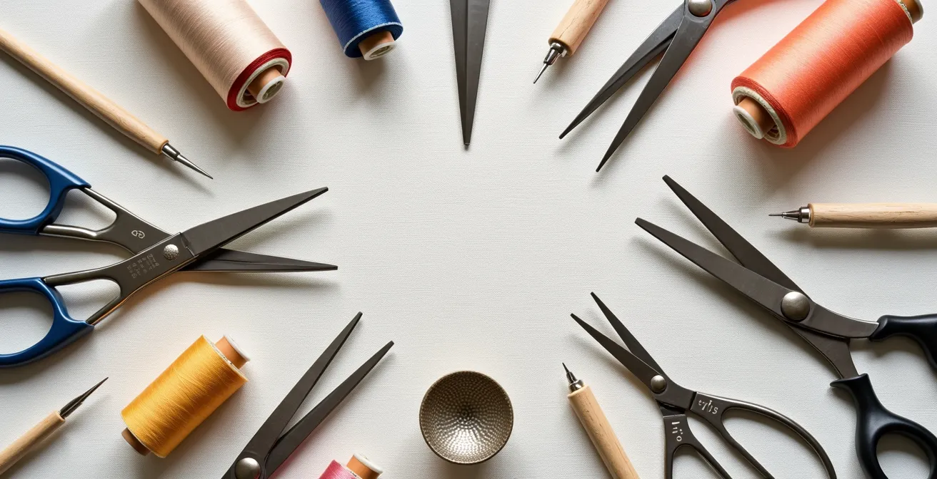 Arrangement minimaliste d'outils de couture professionnels sur tissu de lin naturel