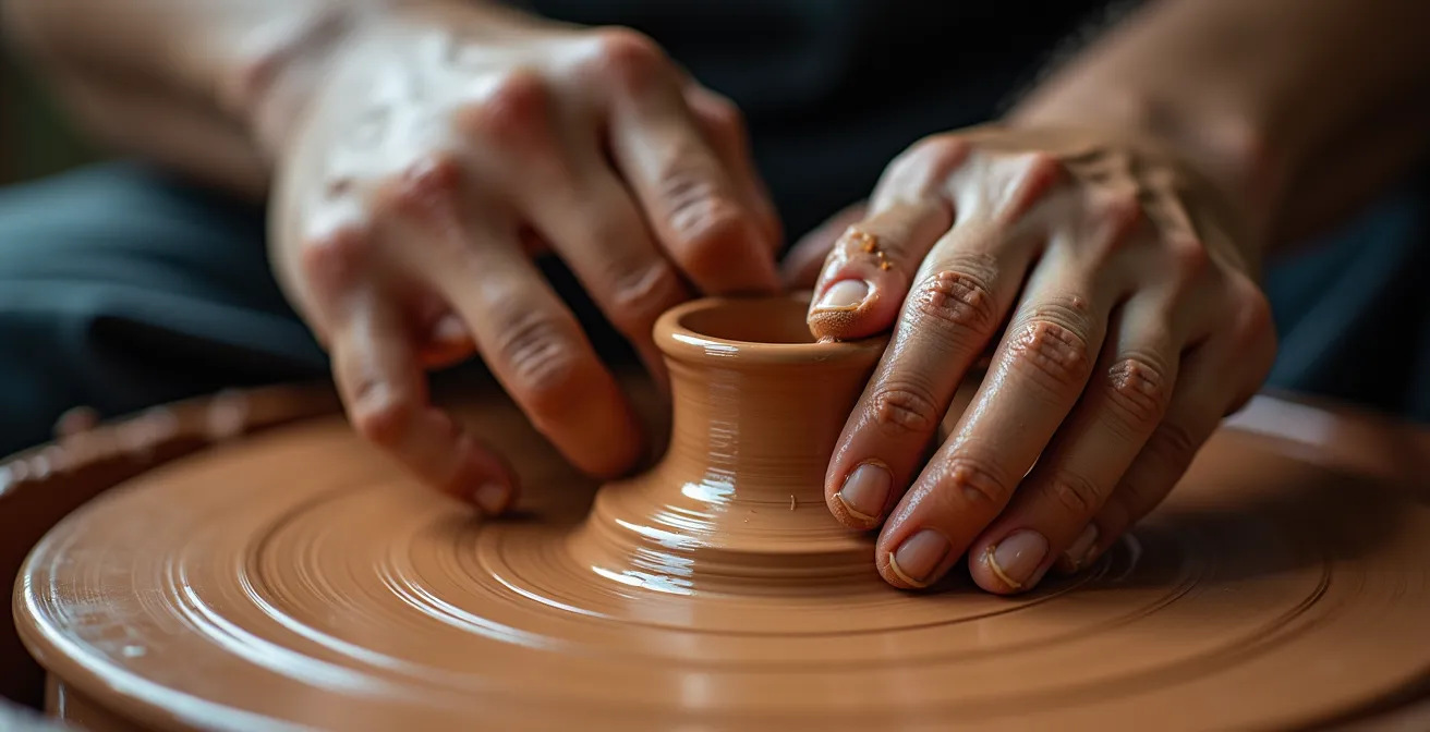 Gros plan sur des mains travaillant l'argile sur un tour de potier dans un état de flow créatif