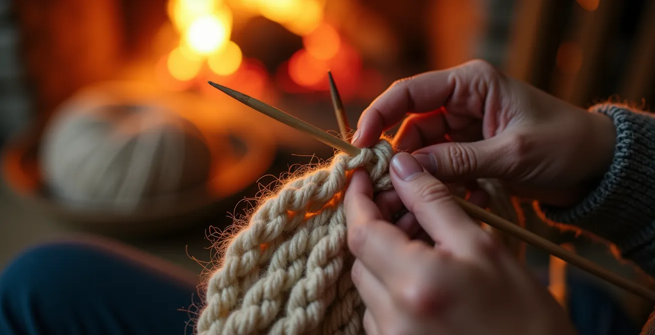 Mains créant une tuque tricotée avec de la laine naturelle dans une ambiance chaleureuse