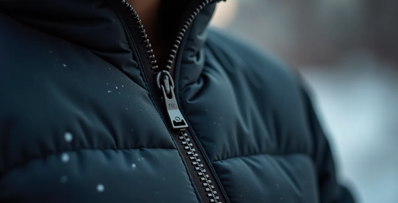 Gros plan sur les détails de qualité d'un manteau d'hiver québécois montrant fermeture éclair, coutures et isolation