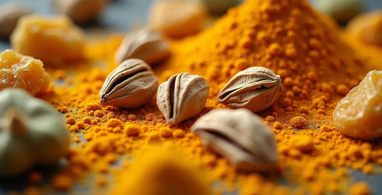 Gros plan macro sur épices colorées et textures d'ingrédients exotiques