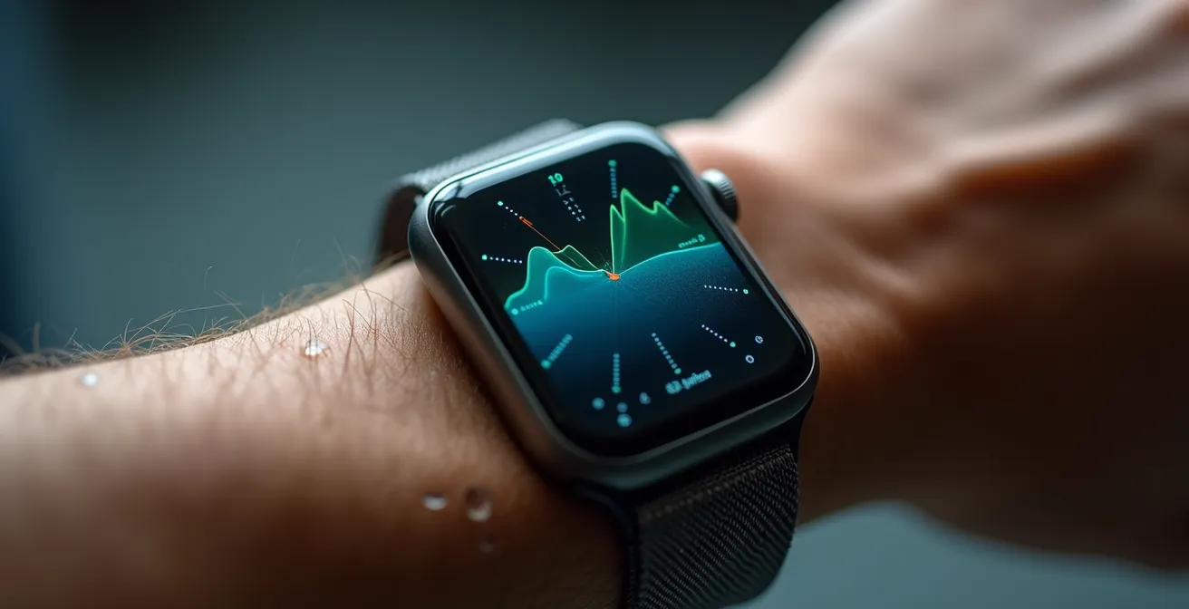 Gros plan sur poignet d'athlète consultant sa montre intelligente affichant des graphiques de données