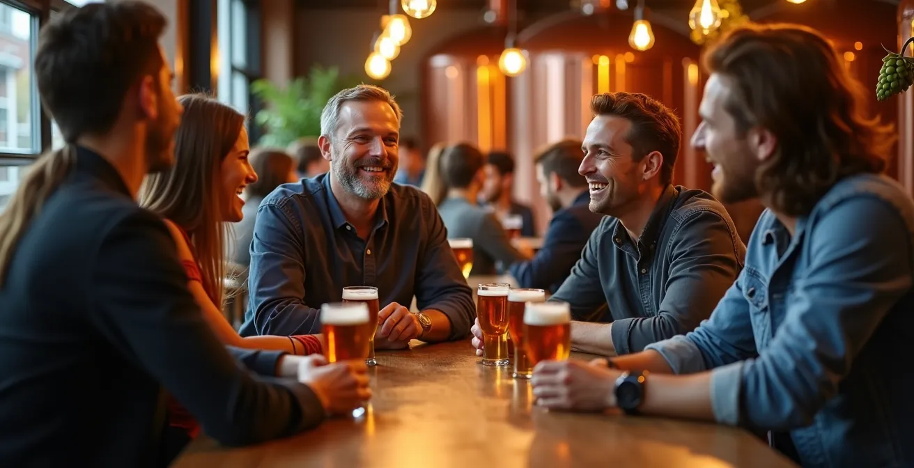 Intérieur chaleureux d'une microbrasserie artisanale avec fûts de bière visibles