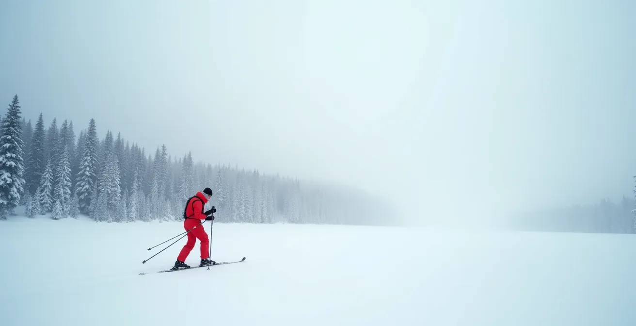 Skieur de fond consultant sa montre connectée en forêt hivernale québécoise