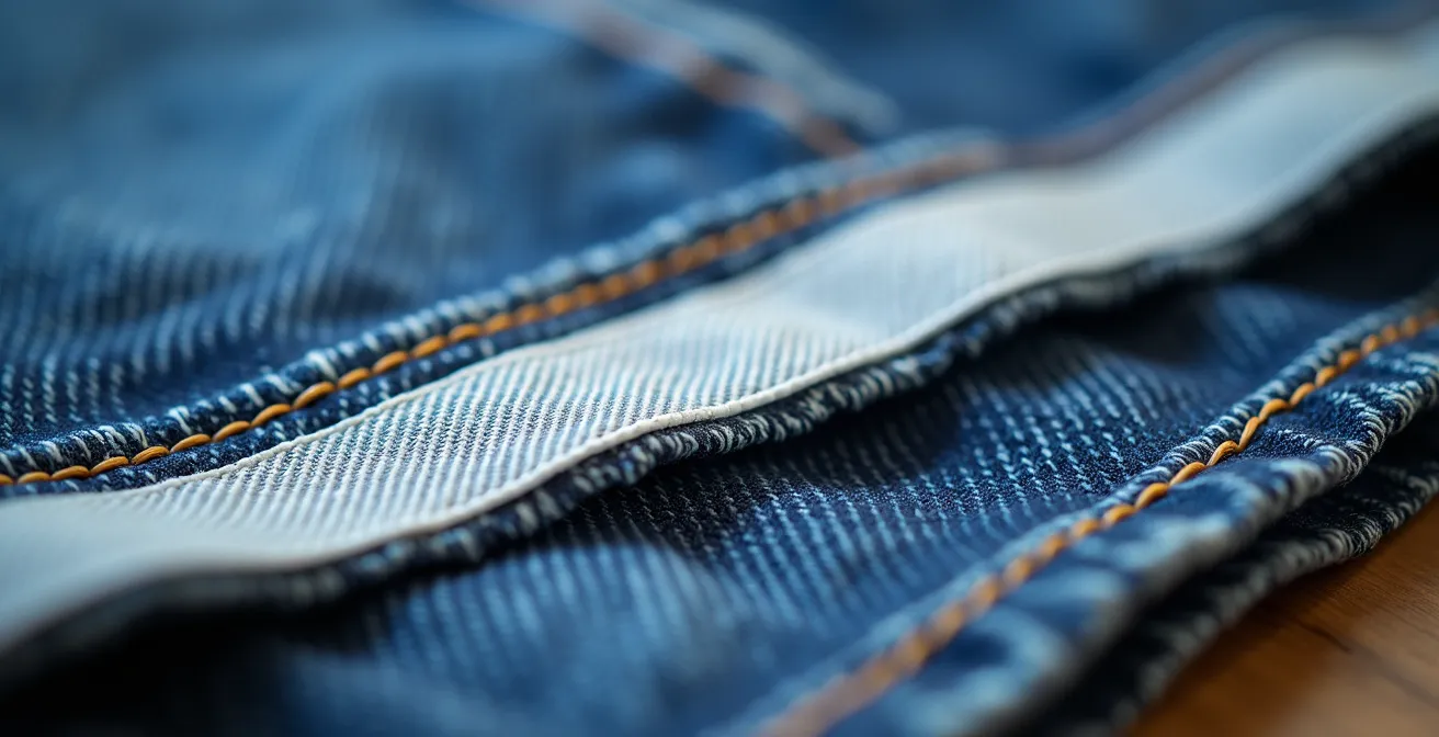Gros plan sur un ruban thermocollant appliqué sur l'ourlet d'un jean