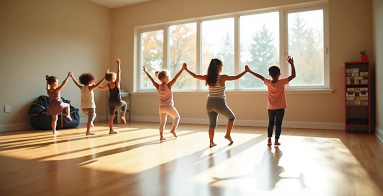 Parent et enfant pratiquant le yoga ensemble dans un centre communautaire canadien lumineux.