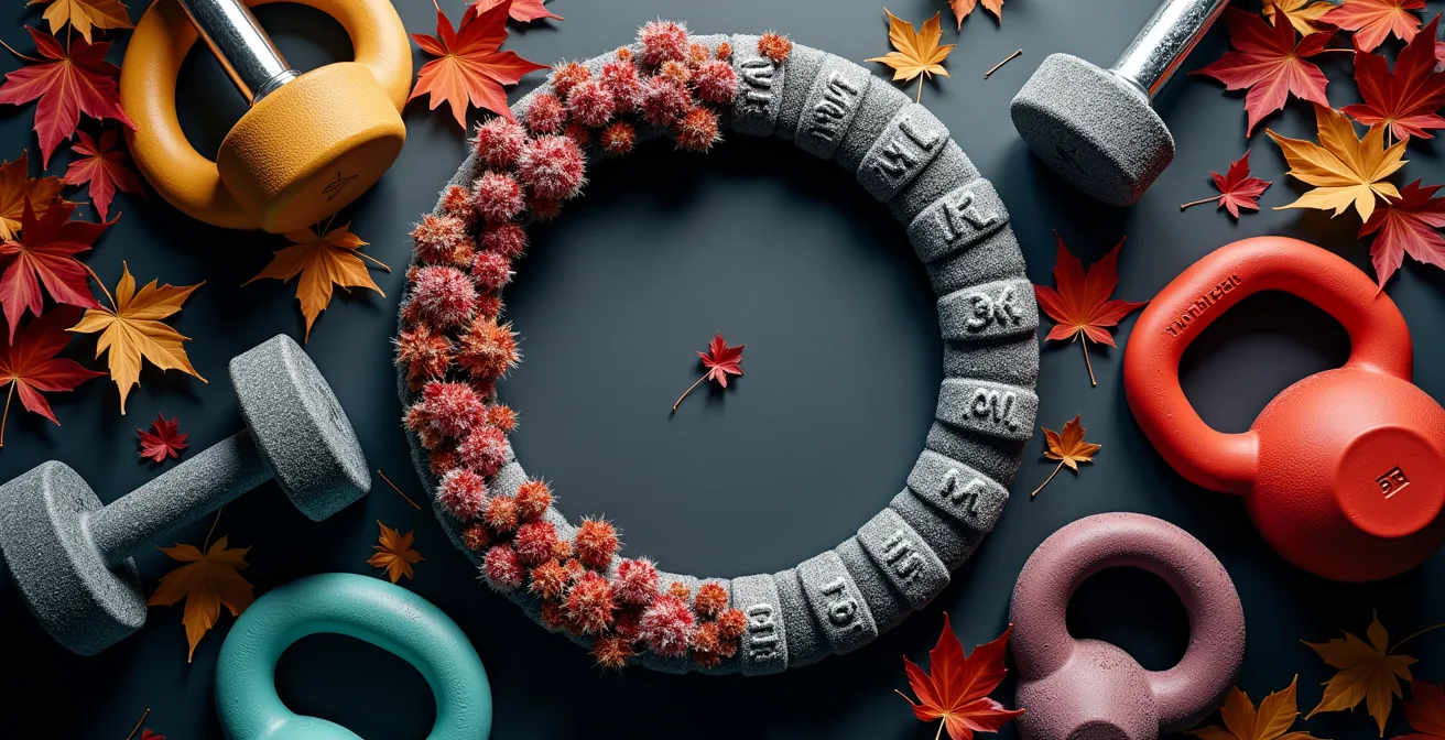 Vue aérienne d'un calendrier d'entraînement annuel avec symboles saisonniers canadiens