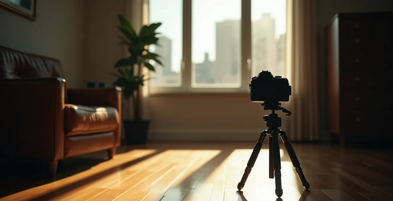 Photographe professionnel capturant un petit condo avec équipement spécialisé