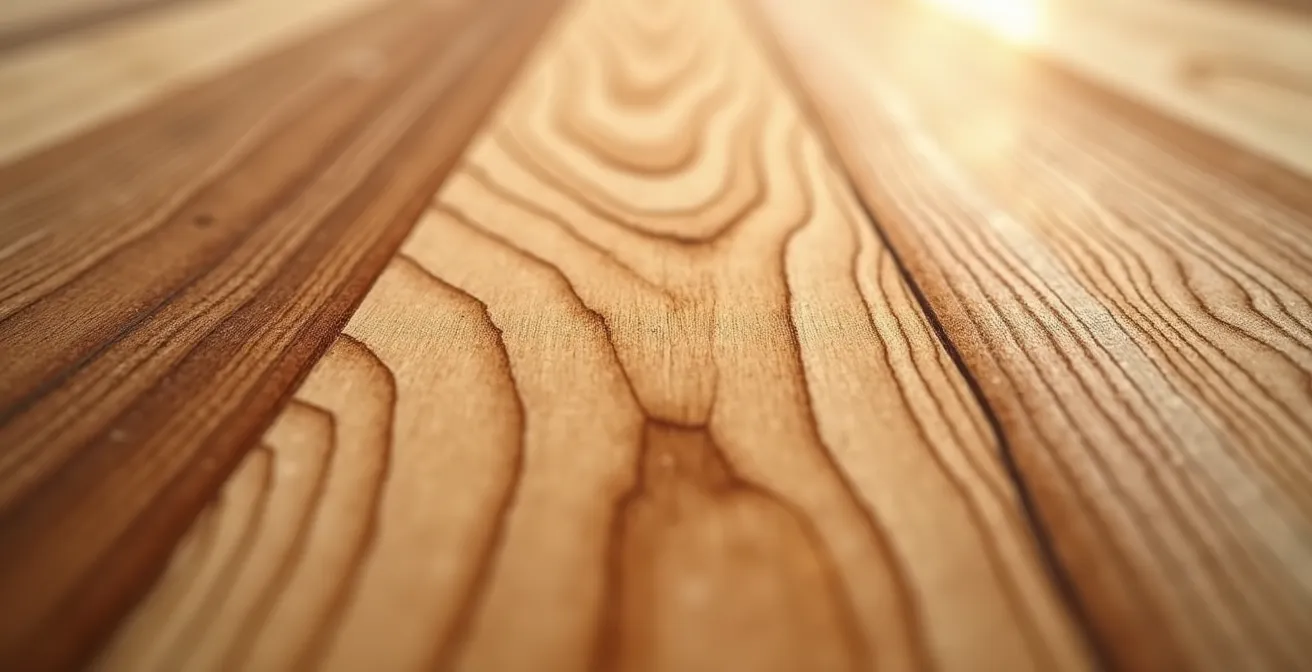 Gros plan sur la texture riche et naturelle d'un plancher de bois d'érable du Québec.