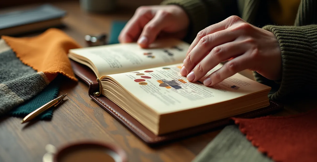 Gros plan sur des mains tenant un carnet élégant avec des échantillons de tissus de qualité disposés autour