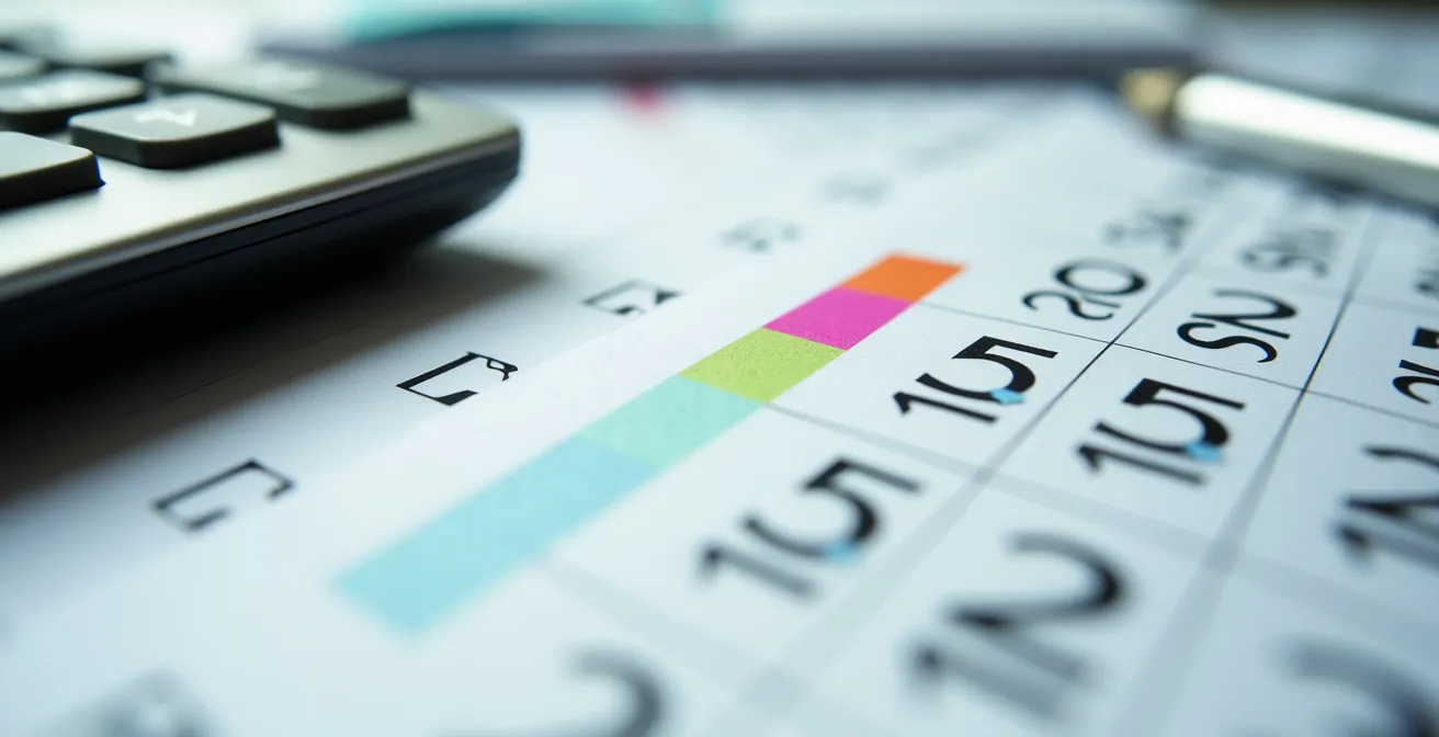 Vue macro de documents fiscaux avec calculatrice et calendrier marquant les dates d'acomptes