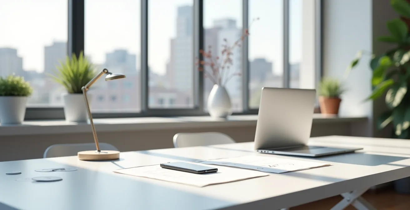 Espace de travail épuré avec documents financiers et calculatrice dans un environnement montréalais