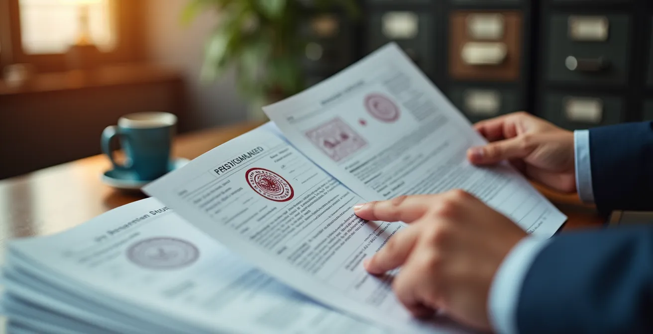Propriétaire examinant attentivement des documents de vérification dans un bureau organisé